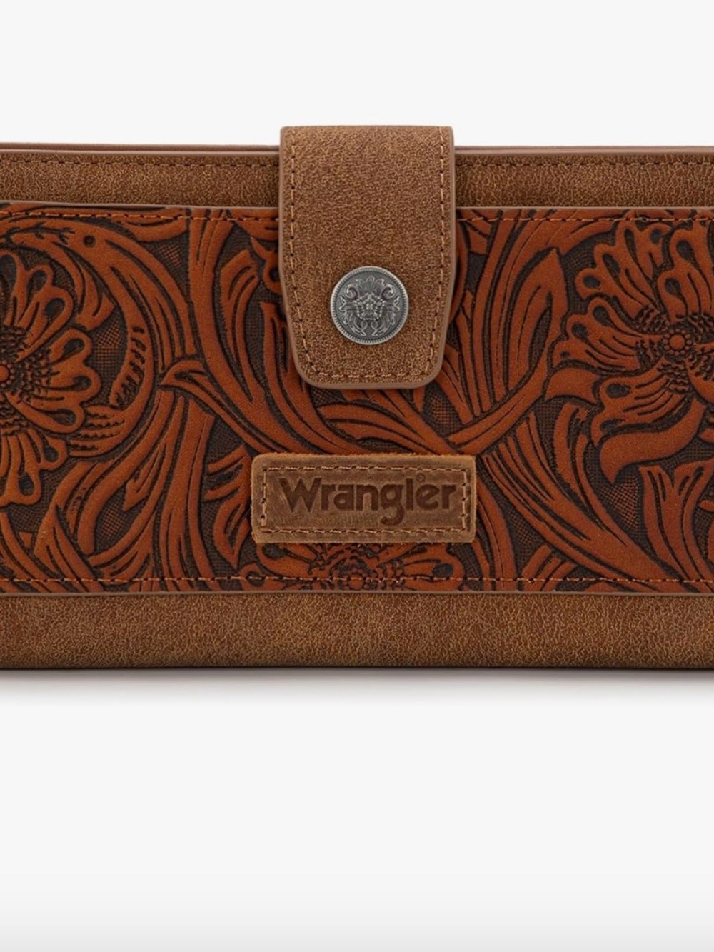 Wrangler Brown Floral Tooled Wallet with Snap Accent - Picture 2 of 8